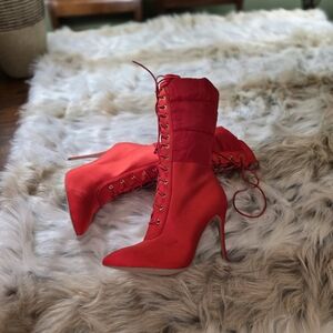 Super Sexy Red 5 Inch Heel Lace Up Midcalf Boots